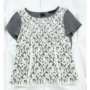 Nanette Lepore Sz 4 Womens Lace Crochet Overlay Blouse Knit Top s Ivory Black